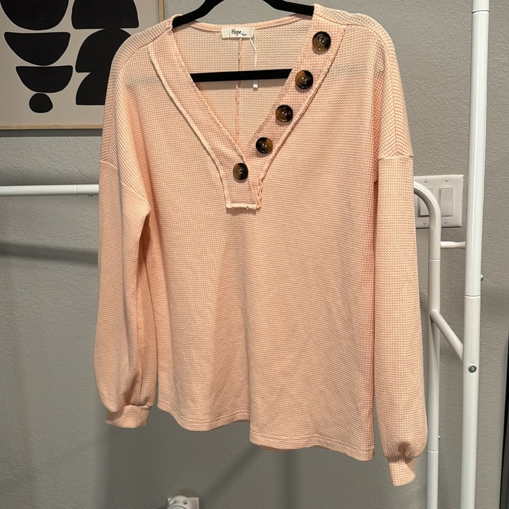 Peach Button-Detail Long Sleeve Top